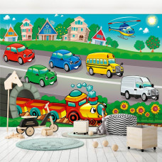 Eine Fototapete mit Autos, Zügen, Bussen und Hubschraubern für das Kinderzimmer.