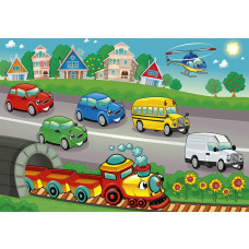 Fototapete mit Autos, Zügen und Bussen speziell für Kinderzimmer.