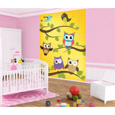 Eine Fototapete mit Eulen und Vögeln für das Babyzimmer.