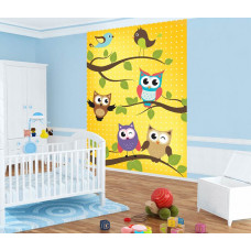 Eine Fototapete mit Eulen und Vögeln für das Kinderzimmer.
