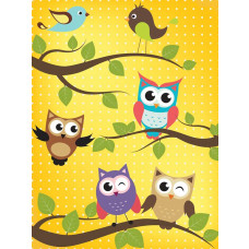 Fototapete für Kinderzimmer mit Eulen und Vögeln, bunt und verspielt.