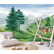 Eine Fototapete von einer Kinderlandschaft mit verspielten Farben in einem Babyzimmer.