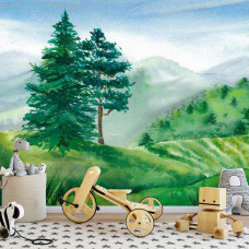 Eine Fototapete von einer Kinderlandschaft mit einer fröhlichen Ausstrahlung in einem Babyzimmer.