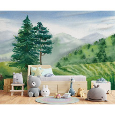 Eine Fototapete von einer Kinderlandschaft in einem gemütlichen Kinderzimmer.