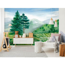 Eine Fototapete von einer Kinderlandschaft im Vliesbehangstil für ein Kinderzimmer.