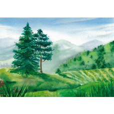 Eine Fototapete von einer Kinderlandschaft, dargestellt in einem Gemälde mit sanften und fröhlichen Farben.