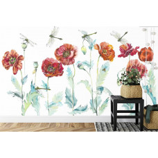 eine Fototapete mit einem künstlerischen Gemälde von Mohnblumen in einer Küche.