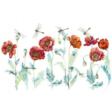 eine Fototapete mit einem künstlerischen Gemälde von Mohnblumen mit einer Libelle, die über den Blumen schwebt.