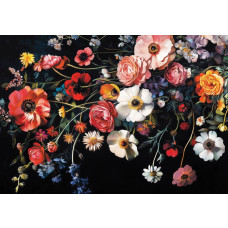 Fotobehang klassiek bloemenboeket met kleurrijke bloemen op een zwarte achtergrond in barokstijl.