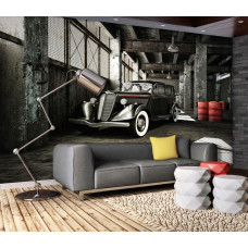 Eine Fototapete mit einem Oldtimer in einer alten Garage für das Kinderzimmer.