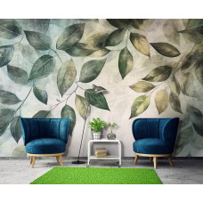 Fotobehang met elegante groene bladeren in een stijlvolle woonkamer.