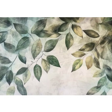 Fotobehang met klassieke botanische bladeren in zachte groentinten op een lichte achtergrond.
