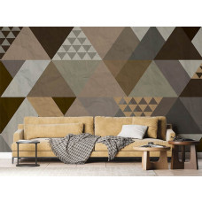 Fototapete klassische Dreiecke im Wohnzimmer, mit geometrischen Formen in klassischen Farben, die dem Raum eine moderne, strukturierte Optik verleihen.