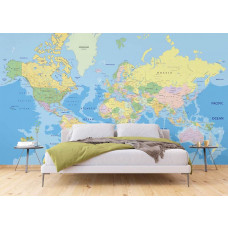 Eine Fototapete mit einer klassischen Weltkarte, die eine lehrreiche und historische Atmosphäre in einem Schlafzimmer bietet.