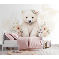 Eine Fototapete eines kleinen Eisbären mit Blumen in einem Mädchenzimmer.