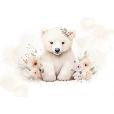 Eine Fototapete eines kleinen Eisbären mit Blumen, fröhlich und verspielt für Kinder.