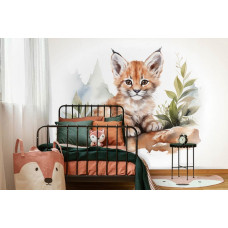 Eine Fototapete mit einem kleinen Luchs in einem Jungenzimmer und Kinderzimmer.
