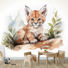 Eine Fototapete mit einem kleinen Luchs in einem gemütlichen Kinderzimmer.