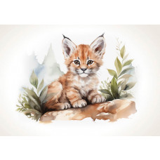 Eine Fototapete mit einem kleinen Luchs, geeignet für Kinderzimmer mit einem Abenteuerthema.