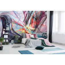 Eine Fototapete mit farbenfroher abstrakter Kunst in einem modernen Malstil für ein Schlafzimmer.