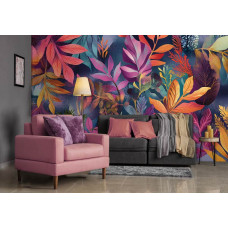 Fotobehang van een levendig bladerdek in felle kleuren aan de muur van een moderne woonkamer.