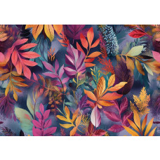 Fotobehang met een kleurrijk bladerdek van tropische bladeren in verschillende vormen en tinten.