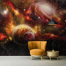 Eine Fototapete mit einem galaktischen Universum, perfekt für ein Wohnzimmer.