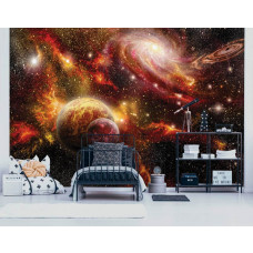 Eine Fototapete mit einem bunten Universum voller Sterne und Planeten, speziell für ein Kinderzimmer.