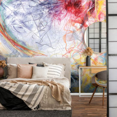 Eine Fototapete mit farbenfroher abstrakter Kunst und Pinselstrichen, perfekt für ein Schlafzimmer.