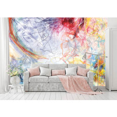 Eine Fototapete mit farbenfroher abstrakter Kunst mit modernen Pinselstrichen in einem Wohnzimmer.
