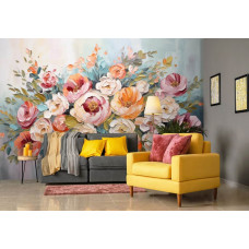 Eine Fototapete mit bunten Blumen in einer künstlerischen Komposition, perfekt für ein Wohnzimmer.
