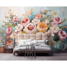 Eine Fototapete mit bunten Blumen in einer Komposition, perfekt für ein Schlafzimmer.