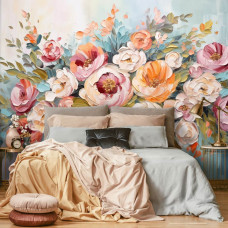 Eine Fototapete mit bunten Blumen in einer Vliestapete, ideal für ein Schlafzimmer.