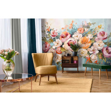 Eine Fototapete mit bunten Blumen in einer künstlerischen Gestaltung, geeignet für ein Wohnzimmer.