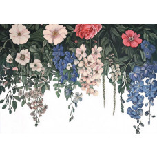 Fotobehang met kleurrijke bloemenwaterval in roze, blauw en wit op donkergroene achtergrond.