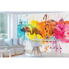 Eine Fototapete mit bunten Flamingos in einem kunstvollen Gemälde in einem Büro.