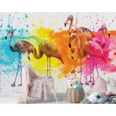 Eine Fototapete mit bunten Flamingos in einem Kinderzimmer mit kreativen Details.