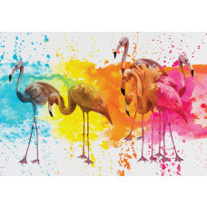 Eine Fototapete mit einem bunten Flamingo in einem kunstvollen Gemälde.