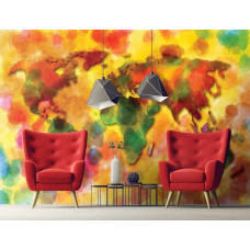 Eine Fototapete mit einer bunten Weltkarte als abstraktes Kunstwerk für das Wohnzimmer.