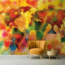 Eine Fototapete mit einer bunten Weltkarte als abstraktes Kunstwerk für das Schlafzimmer.