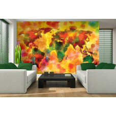 Eine Fototapete mit einer bunten Weltkarte als abstraktes Kunstwerk für das Wohnzimmer.