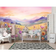 Fototapete einer bunten Landschaft mit Natur- und Blumenmalerei im Babyzimmer.