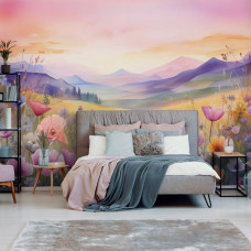 Fototapete einer bunten Landschaft mit Natur- und Blumenmalerei im Schlafzimmer.