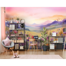 Fototapete einer bunten Landschaft mit Natur- und Blumenmalerei im Wohnzimmer.