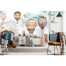 Eine Fototapete mit bunten Heißluftballons für Kinder in einem Kinderzimmer und Babyzimmer.