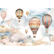 Bunte Heißluftballons schweben in einem fröhlichen Himmel, speziell für Kinderzimmer, dargestellt auf dieser Fototapete.