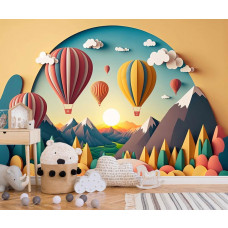 Fototapete mit farbenfroher Papierkunst mit Heißluftballons in einer Fantasielandschaft, perfekt für ein Babyzimmer.