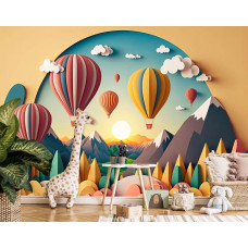 Fototapete mit farbenfrohen Heißluftballons in einer künstlerischen Landschaft, ideal für ein Kinderzimmer.