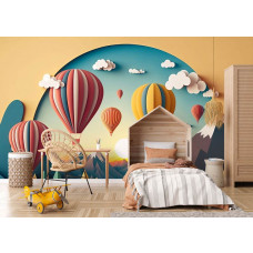 Fototapete mit farbenfrohen Heißluftballons in einem künstlerischen Stil, geeignet für ein Spielzimmer oder Kinderzimmer.