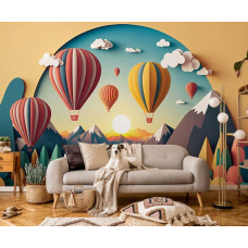 Fototapete mit farbenfrohen Heißluftballons in Papierkunst, geeignet für ein Wohnzimmer.